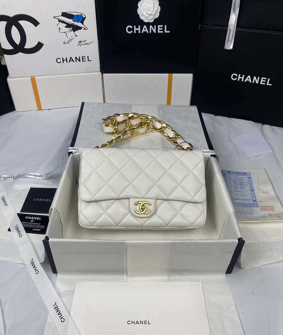 Chanel AS3215 Large Flap Bag Lambskin Gold-Tone Metal White