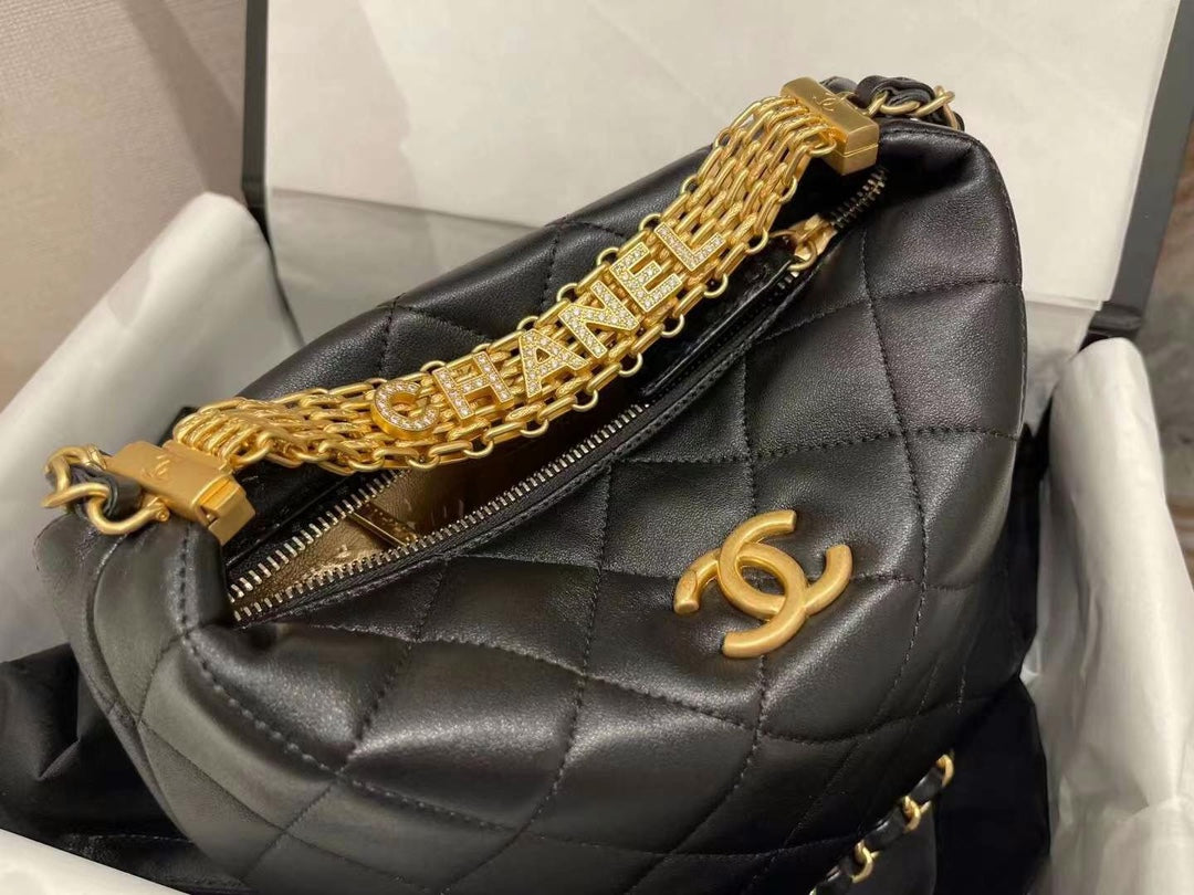 Chanel AS3242 Small Hobo Bag Lambskin Strass Gold-Tone Metal Black - Default Title - View 1