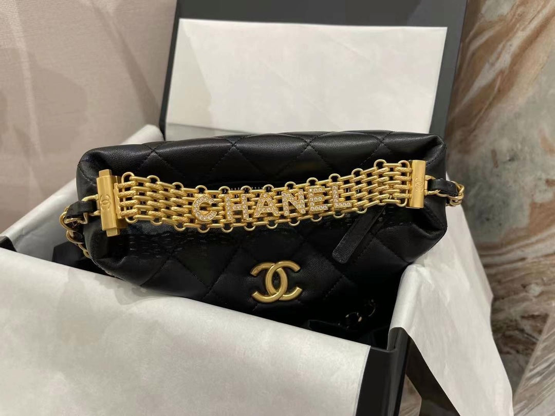 Chanel AS3242 Small Hobo Bag Lambskin Strass Gold-Tone Metal Black - Default Title - View 3
