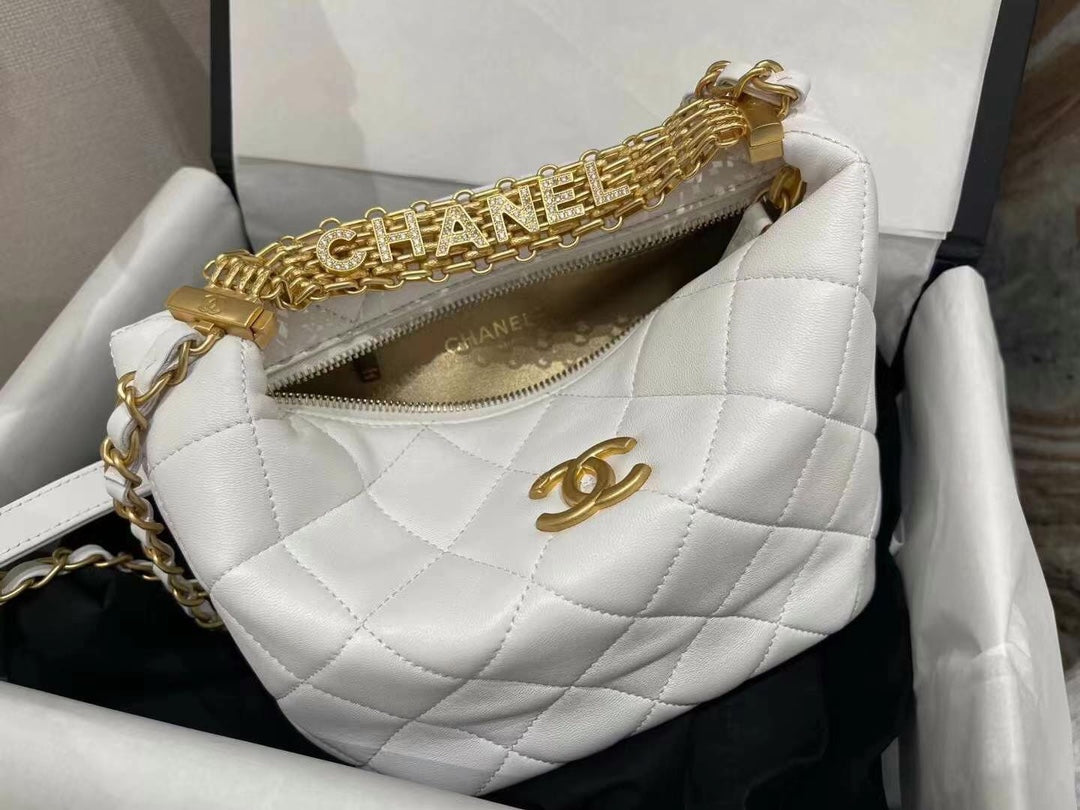Chanel AS3242 Small Hobo Bag Lambskin Strass Gold-Tone Metal White - Default Title - View 1