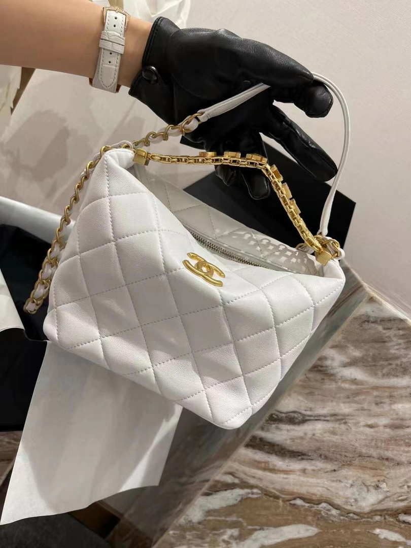 Chanel AS3242 Small Hobo Bag Lambskin Strass Gold-Tone Metal White - Default Title - View 5