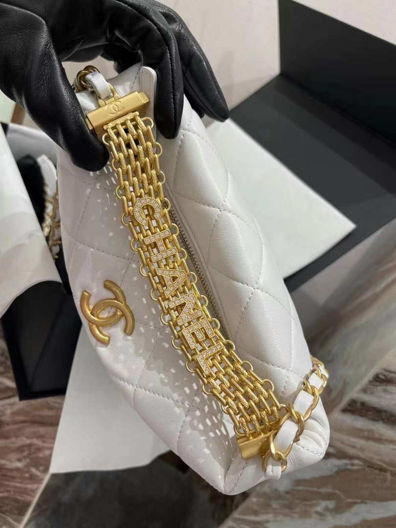 Chanel AS3242 Small Hobo Bag Lambskin Strass Gold-Tone Metal White - Default Title - View 6