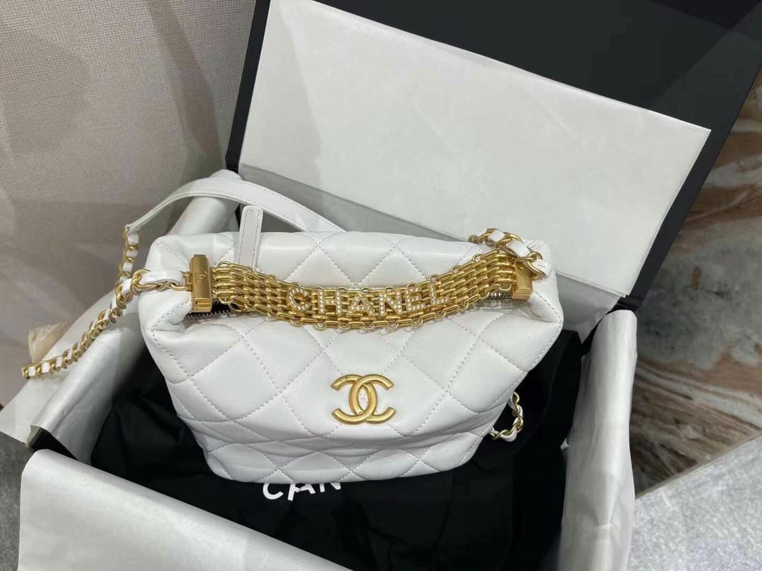 Chanel AS3242 Small Hobo Bag Lambskin Strass Gold-Tone Metal White - Default Title - View 9