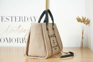 Chanel AS3257 Small Shopping Bag Mixed Fibers Calfskin & Gold-Tone Metal Beige - Default Title - View 3