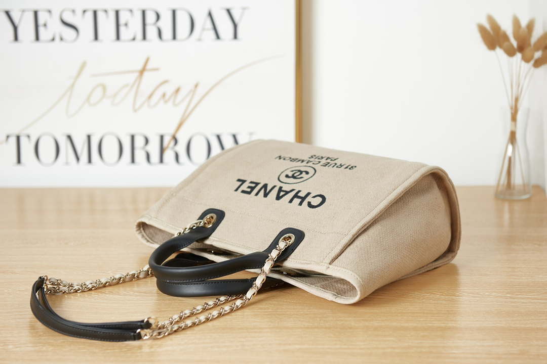 Chanel AS3257 Small Shopping Bag Mixed Fibers Calfskin & Gold-Tone Metal Beige - Default Title - View 5