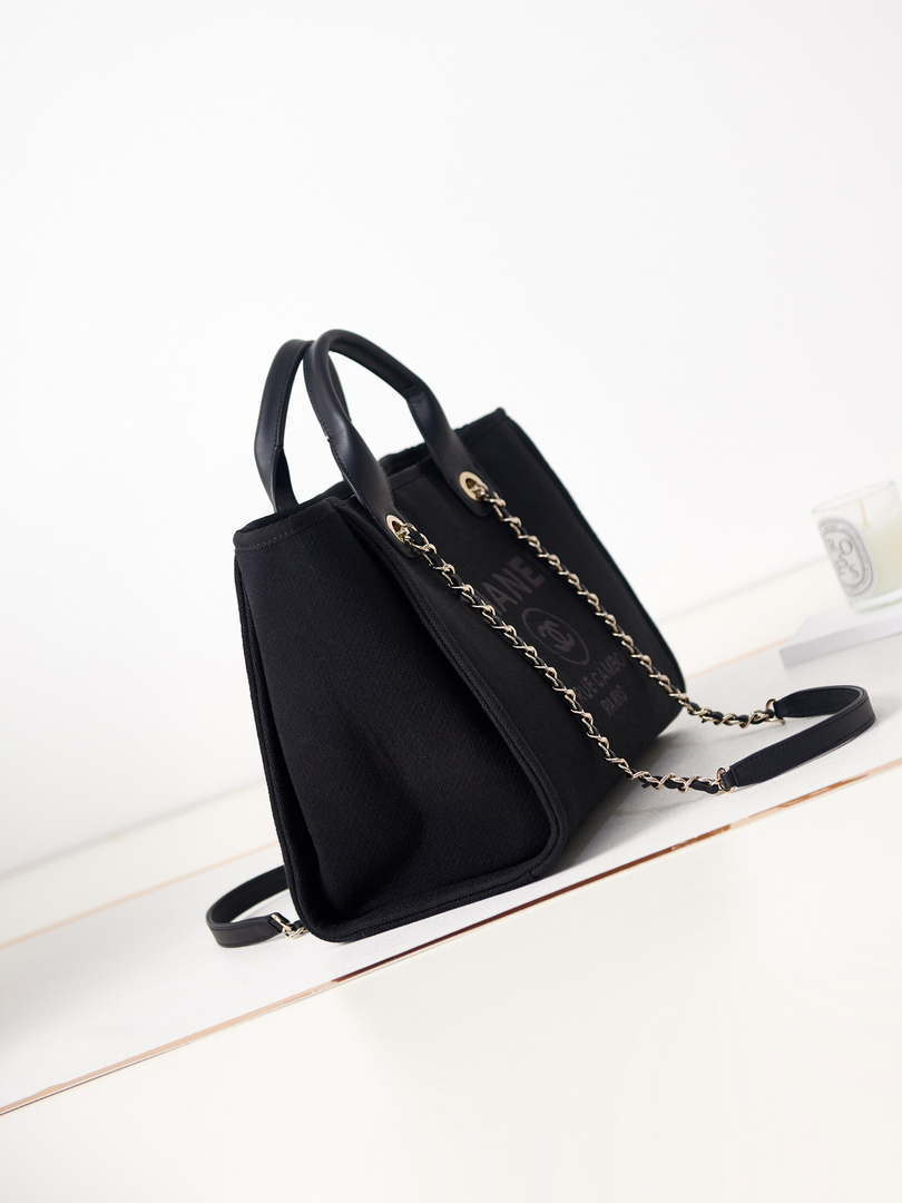 Chanel AS3257 Small Shopping Bag Mixed Fibers Calfskin & Gold-Tone Metal Black - Default Title - View 3