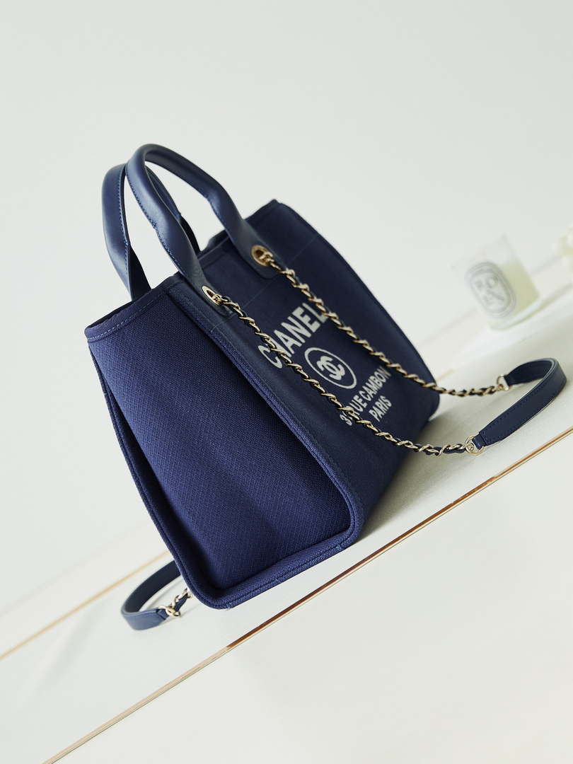 Chanel AS3257 Small Shopping Bag Mixed Fibers Calfskin & Gold-Tone Metal Blue - Default Title - View 3