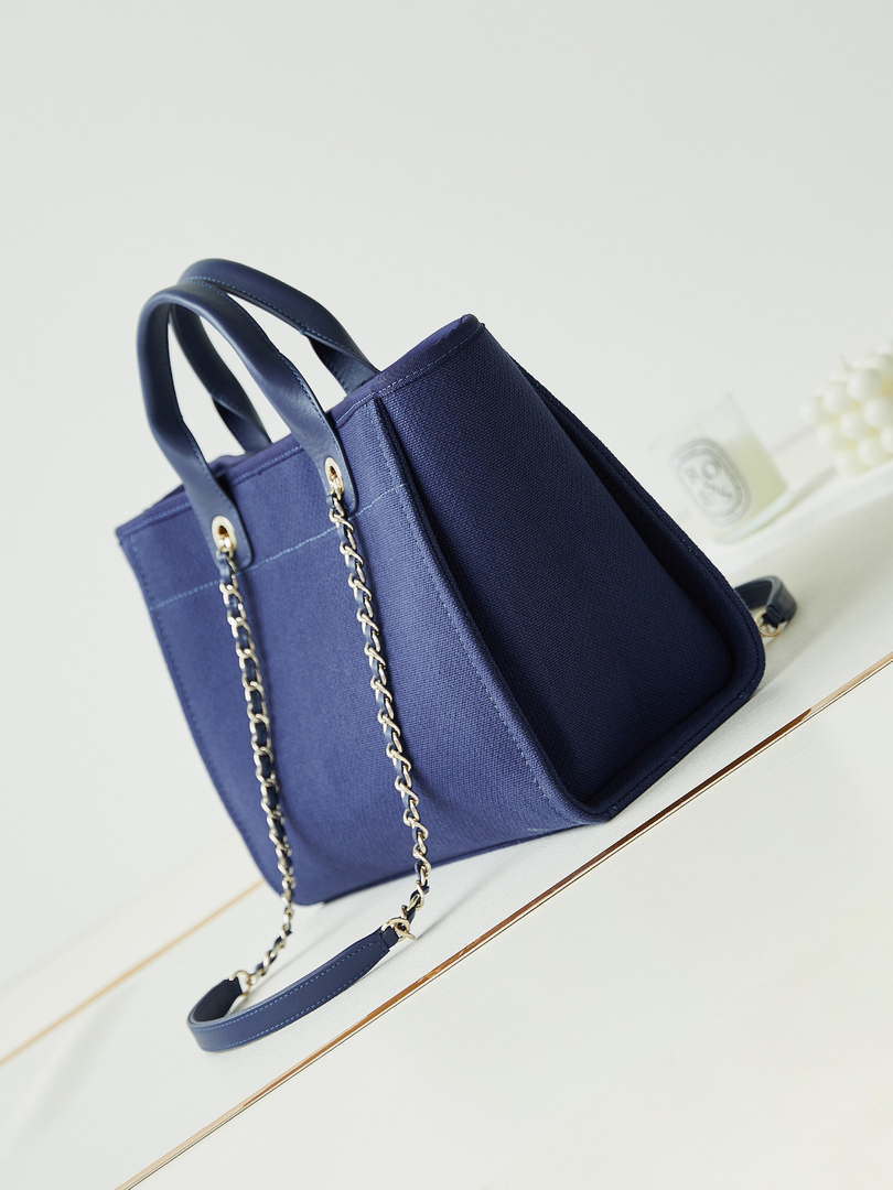 Chanel AS3257 Small Shopping Bag Mixed Fibers Calfskin & Gold-Tone Metal Blue - Default Title - View 4