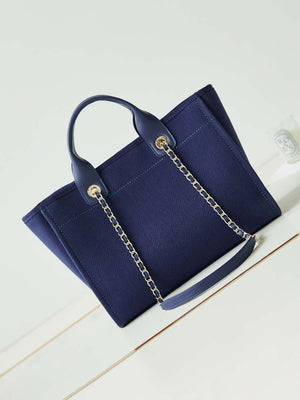 Chanel AS3257 Small Shopping Bag Mixed Fibers Calfskin & Gold-Tone Metal Blue - Default Title - View 5