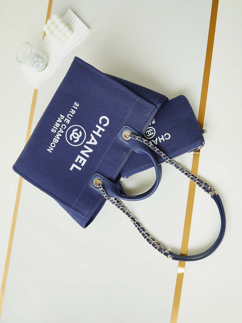 Chanel AS3257 Small Shopping Bag Mixed Fibers Calfskin & Gold-Tone Metal Blue - Default Title - View 7