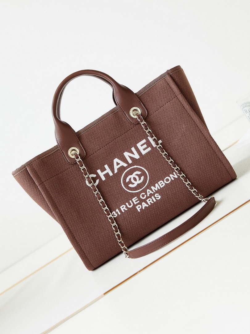 Chanel AS3257 Small Shopping Bag Mixed Fibers Calfskin & Gold-Tone Metal Brown