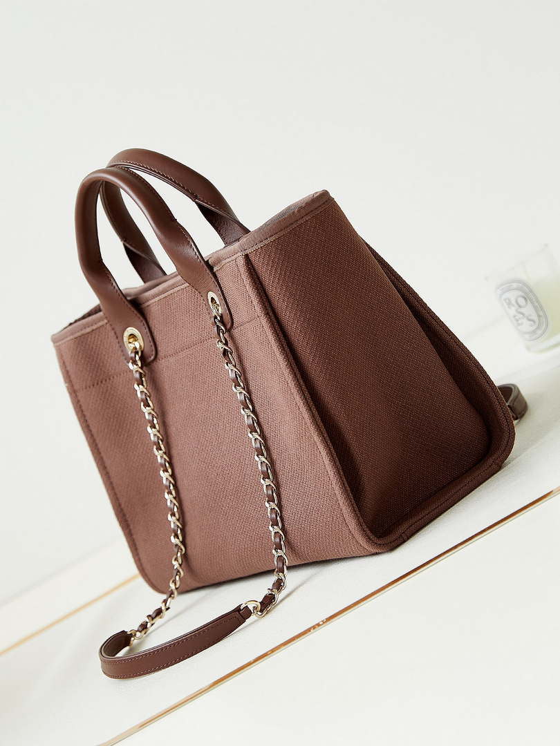 Chanel AS3257 Small Shopping Bag Mixed Fibers Calfskin & Gold-Tone Metal Brown - Default Title - View 4