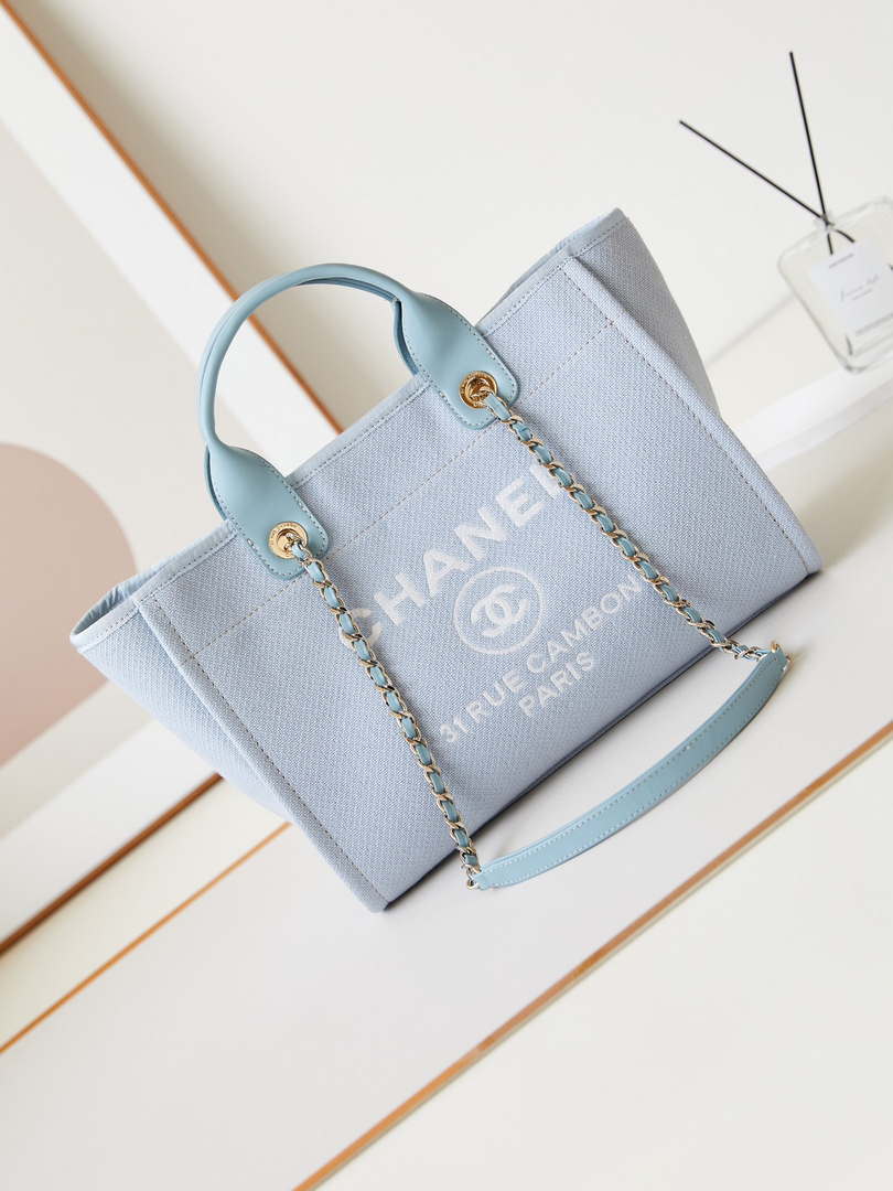 Chanel AS3257 Small Shopping Bag Mixed Fibers Calfskin & Gold-Tone Metal Ligth Blue - Default Title - View 1
