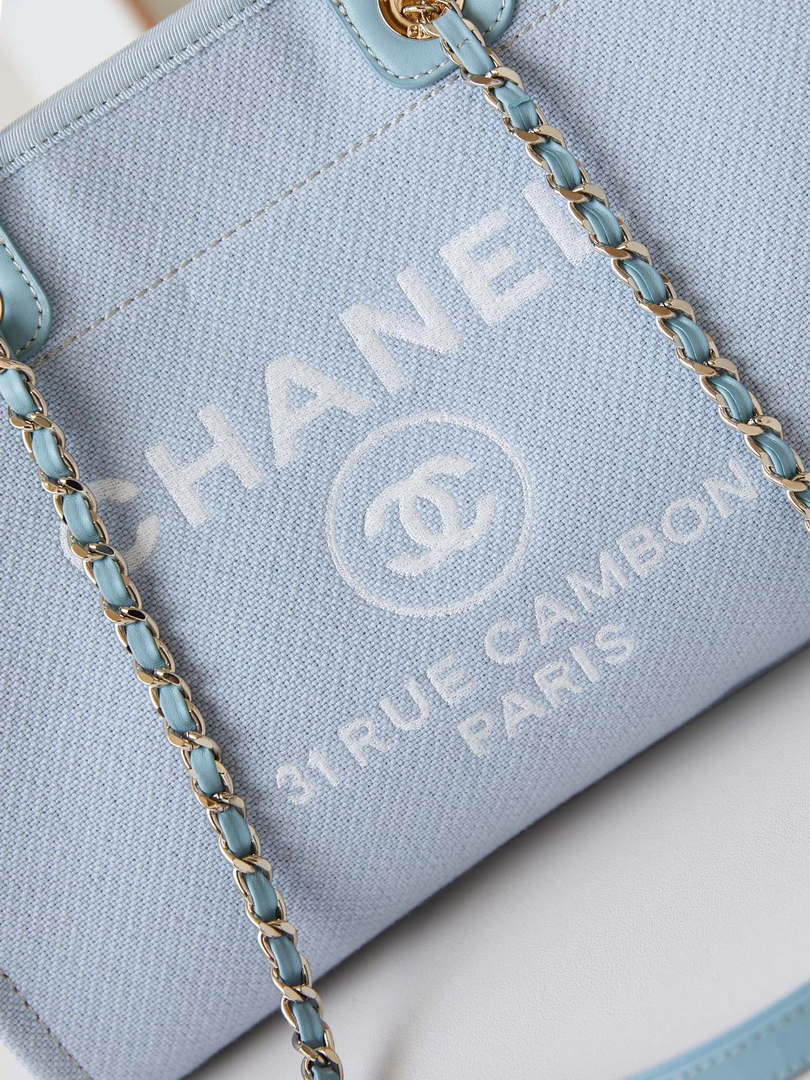 Chanel AS3257 Small Shopping Bag Mixed Fibers Calfskin & Gold-Tone Metal Ligth Blue