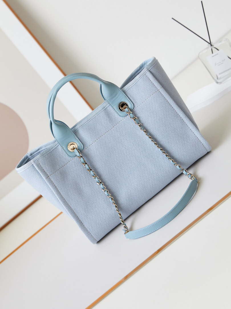 Chanel AS3257 Small Shopping Bag Mixed Fibers Calfskin & Gold-Tone Metal Ligth Blue