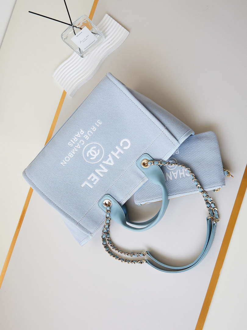 Chanel AS3257 Small Shopping Bag Mixed Fibers Calfskin & Gold-Tone Metal Ligth Blue - Default Title - View 7