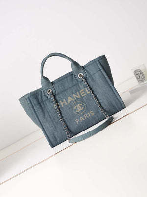 Chanel AS3257 Small Shopping Bag Mixed Fibers Calfskin & Gold-Tone Metal Navy Blue - Default Title - View 1