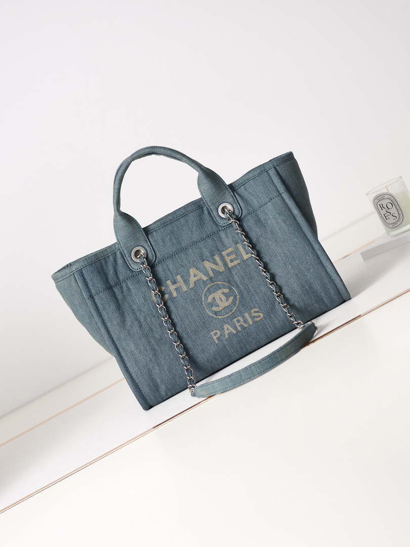 Chanel AS3257 Small Shopping Bag Mixed Fibers Calfskin & Gold-Tone Metal Navy Blue