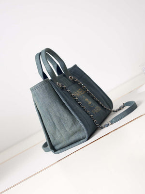 Chanel AS3257 Small Shopping Bag Mixed Fibers Calfskin & Gold-Tone Metal Navy Blue - Default Title - View 3