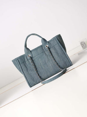 Chanel AS3257 Small Shopping Bag Mixed Fibers Calfskin & Gold-Tone Metal Navy Blue - Default Title - View 5