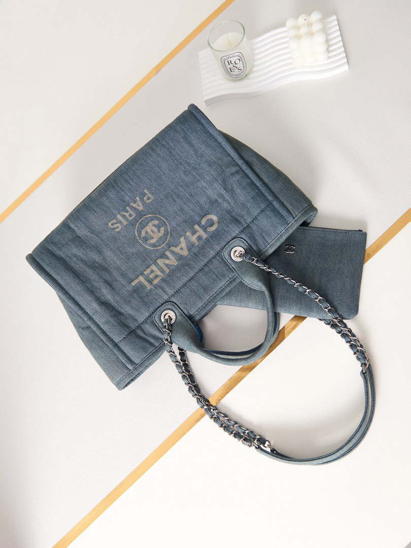 Chanel AS3257 Small Shopping Bag Mixed Fibers Calfskin & Gold-Tone Metal Navy Blue - Default Title - View 7