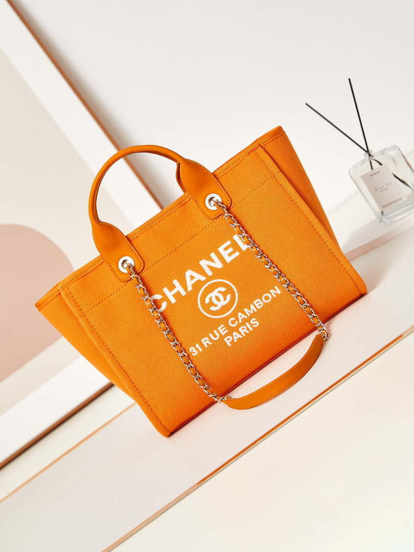 Chanel AS3257 Small Shopping Bag Mixed Fibers Calfskin & Gold-Tone Metal Orange - Default Title - View 1