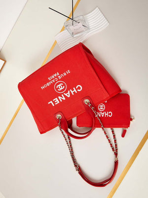 Chanel AS3257 Small Shopping Bag Mixed Fibers Calfskin & Gold-Tone Metal Red - Default Title - View 6