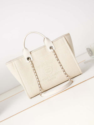 Chanel AS3257 Small Shopping Bag Mixed Fibers Calfskin & Gold-Tone Metal White - Default Title - View 1