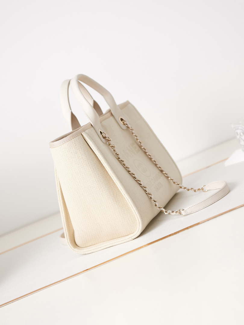 Chanel AS3257 Small Shopping Bag Mixed Fibers Calfskin & Gold-Tone Metal White