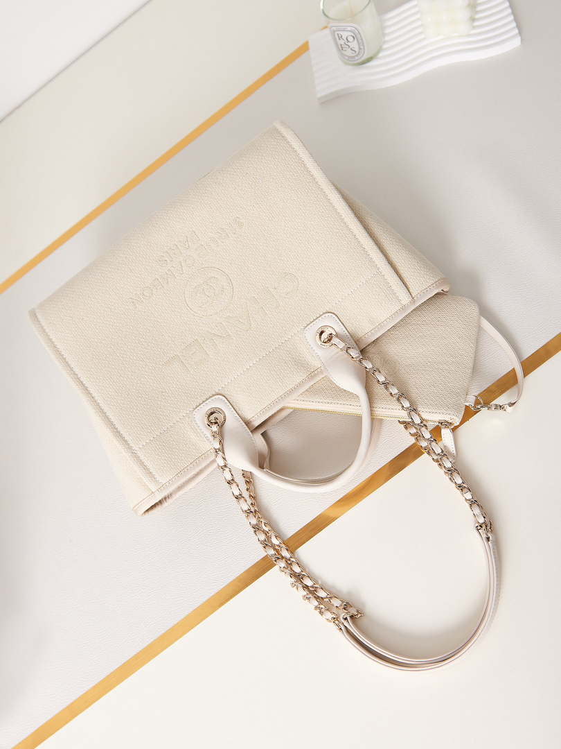 Chanel AS3257 Small Shopping Bag Mixed Fibers Calfskin & Gold-Tone Metal White - Default Title - View 7