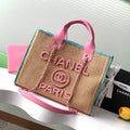 Chanel AS3257 Small Shopping Bag Raffia Beige &Blue Pink