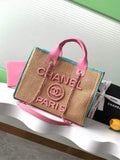 Chanel AS3257 Small Shopping Bag Raffia Beige &Blue Pink