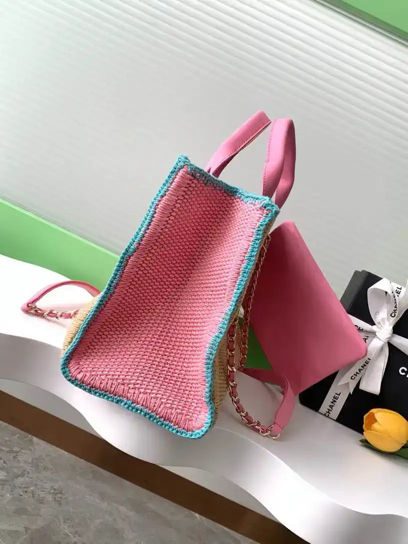 Chanel AS3257 Small Shopping Bag Raffia Beige &Blue Pink
