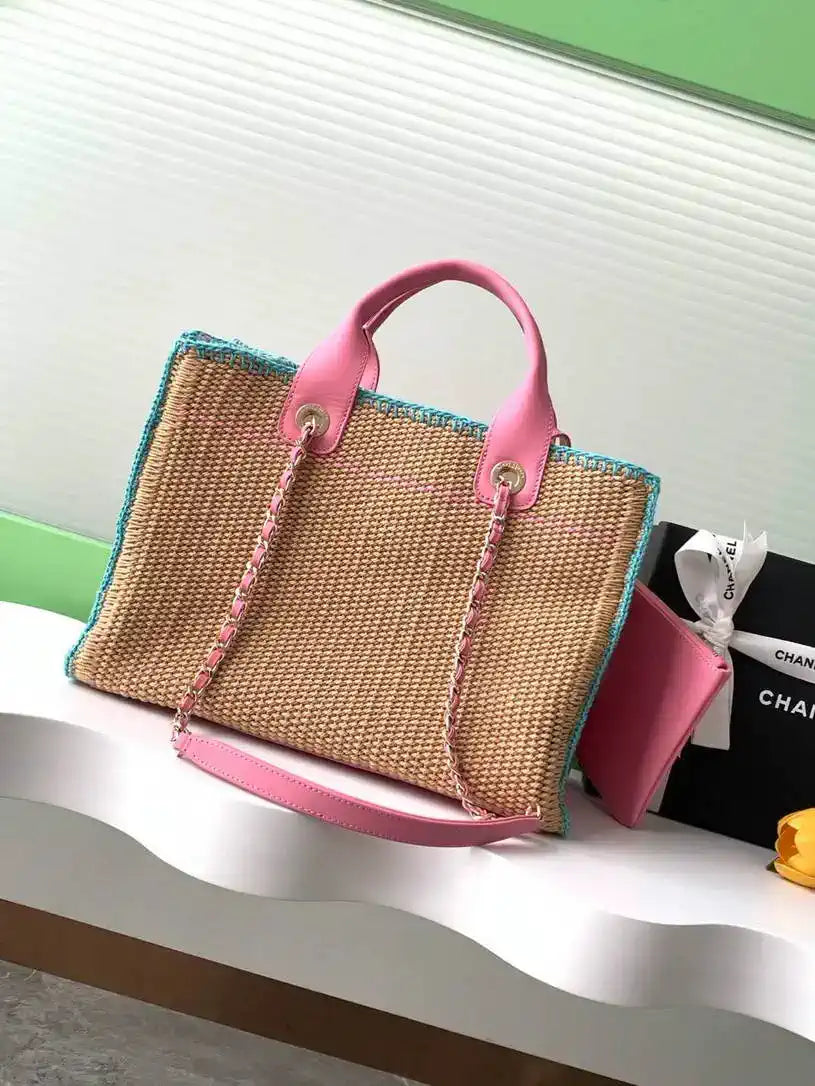 Chanel AS3257 Small Shopping Bag Raffia Beige &Blue Pink