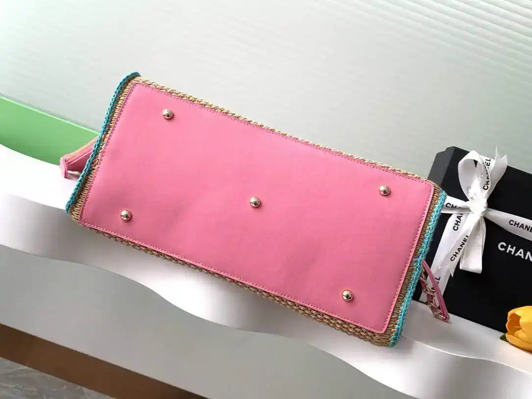 Chanel AS3257 Small Shopping Bag Raffia Beige &Blue Pink