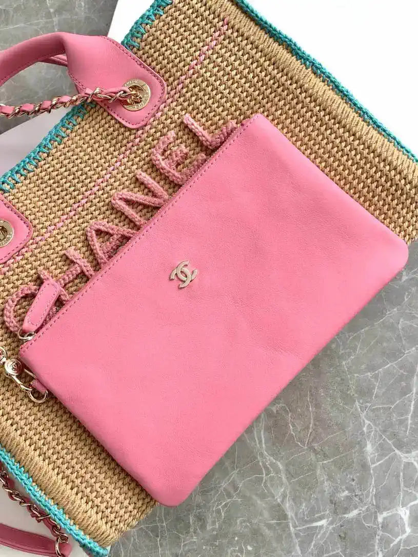 Chanel AS3257 Small Shopping Bag Raffia Beige &Blue Pink