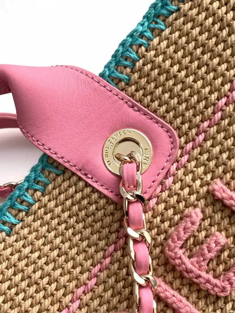 Chanel AS3257 Small Shopping Bag Raffia Beige &Blue Pink