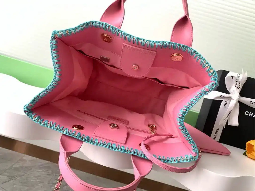 Chanel AS3257 Small Shopping Bag Raffia Beige &Blue Pink