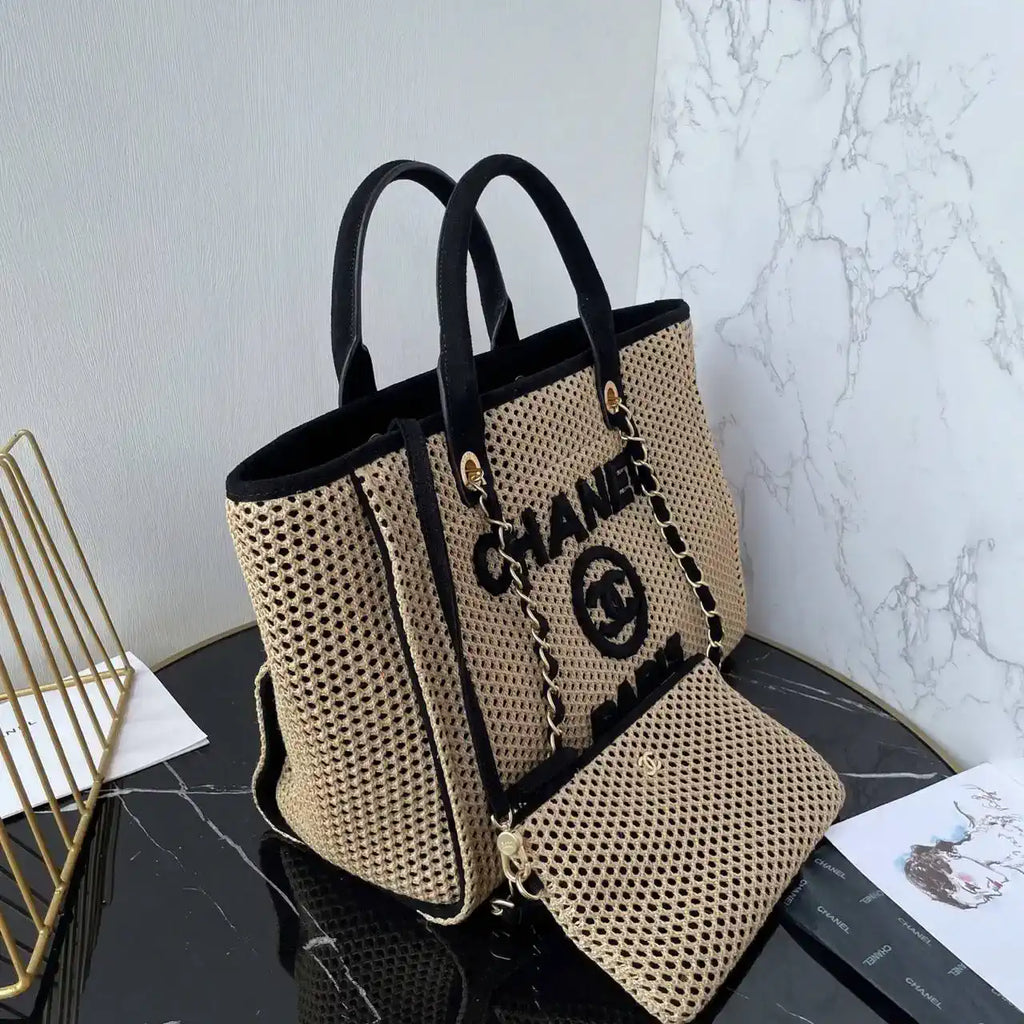 Chanel AS3257 Small Shopping Bag Raffia  Beige & Black