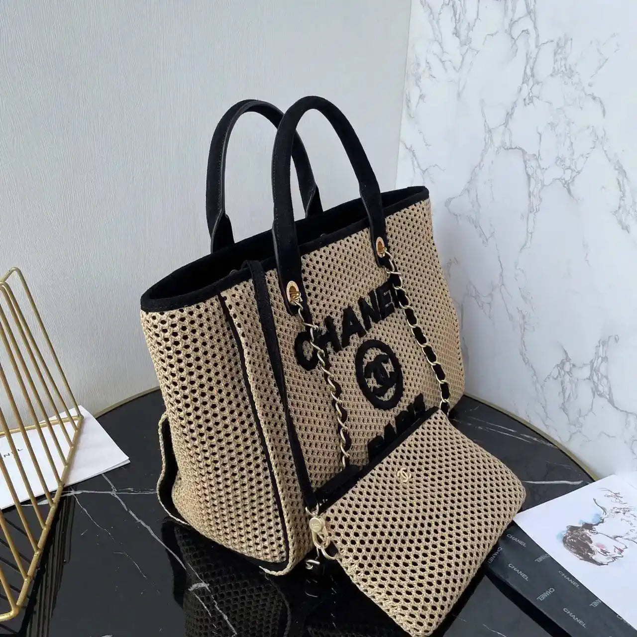 Chanel AS3257 Small Shopping Bag Raffia  Beige & Black
