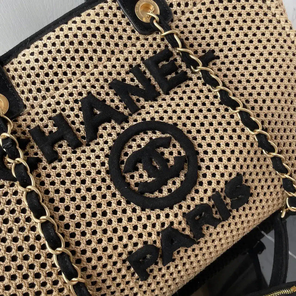 Chanel AS3257 Small Shopping Bag Raffia  Beige & Black
