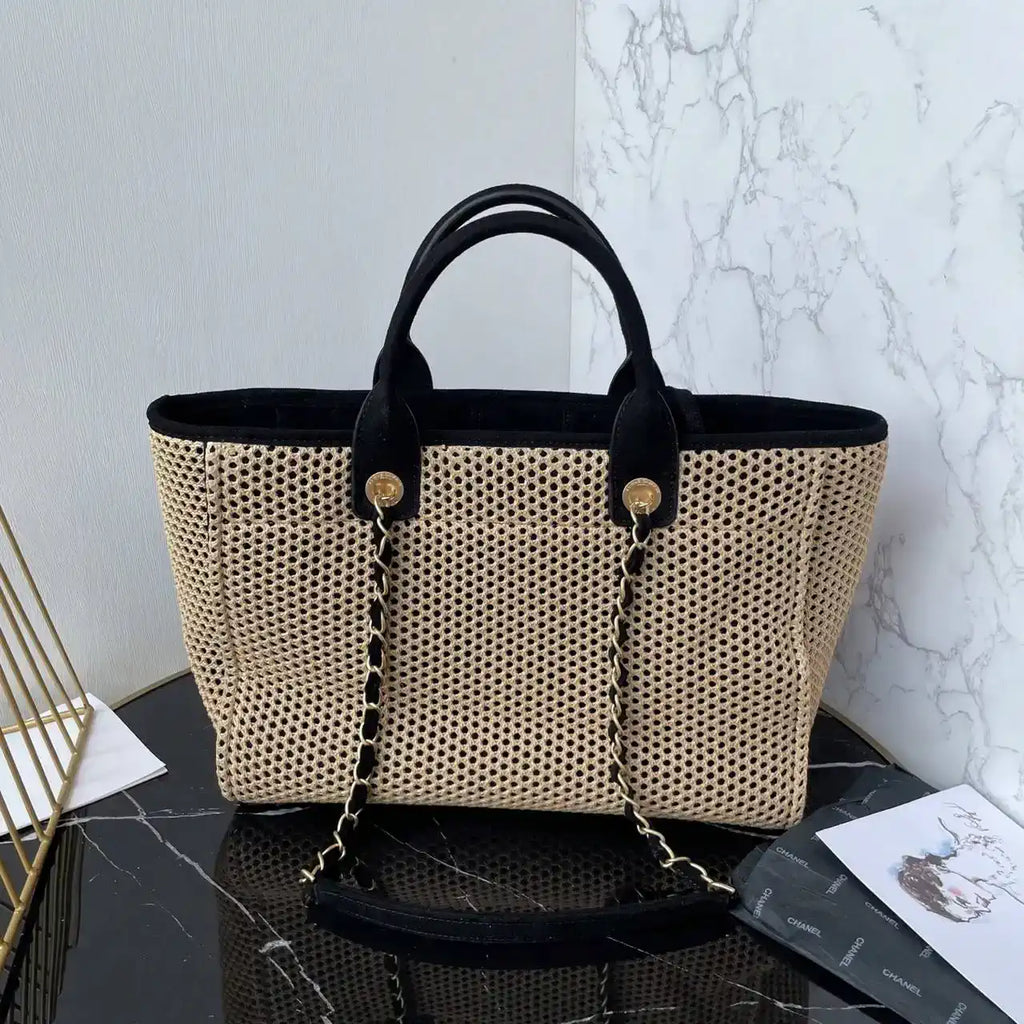 Chanel AS3257 Small Shopping Bag Raffia  Beige & Black