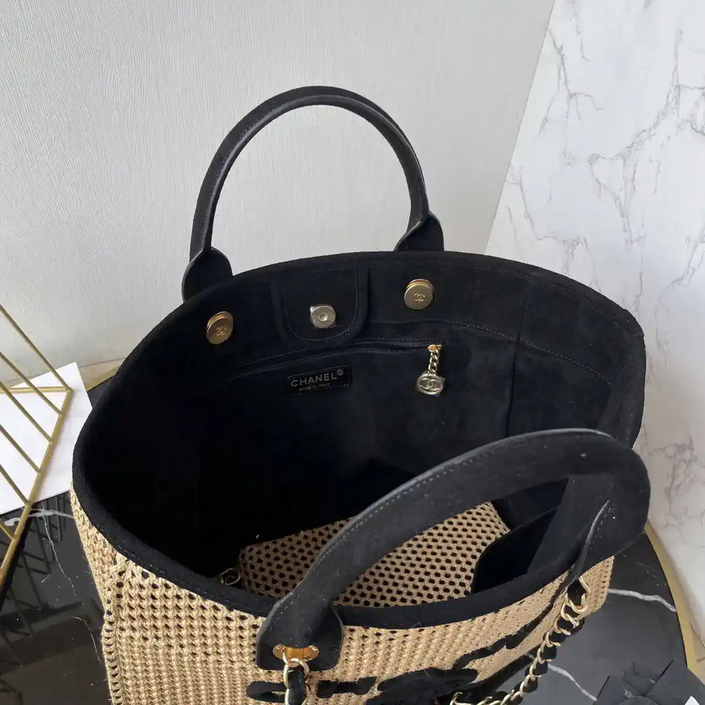 Chanel AS3257 Small Shopping Bag Raffia  Beige & Black