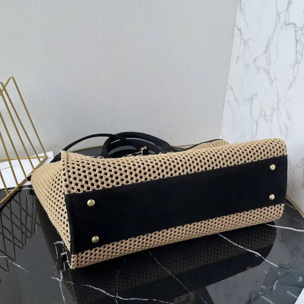 Chanel AS3257 Small Shopping Bag Raffia  Beige & Black
