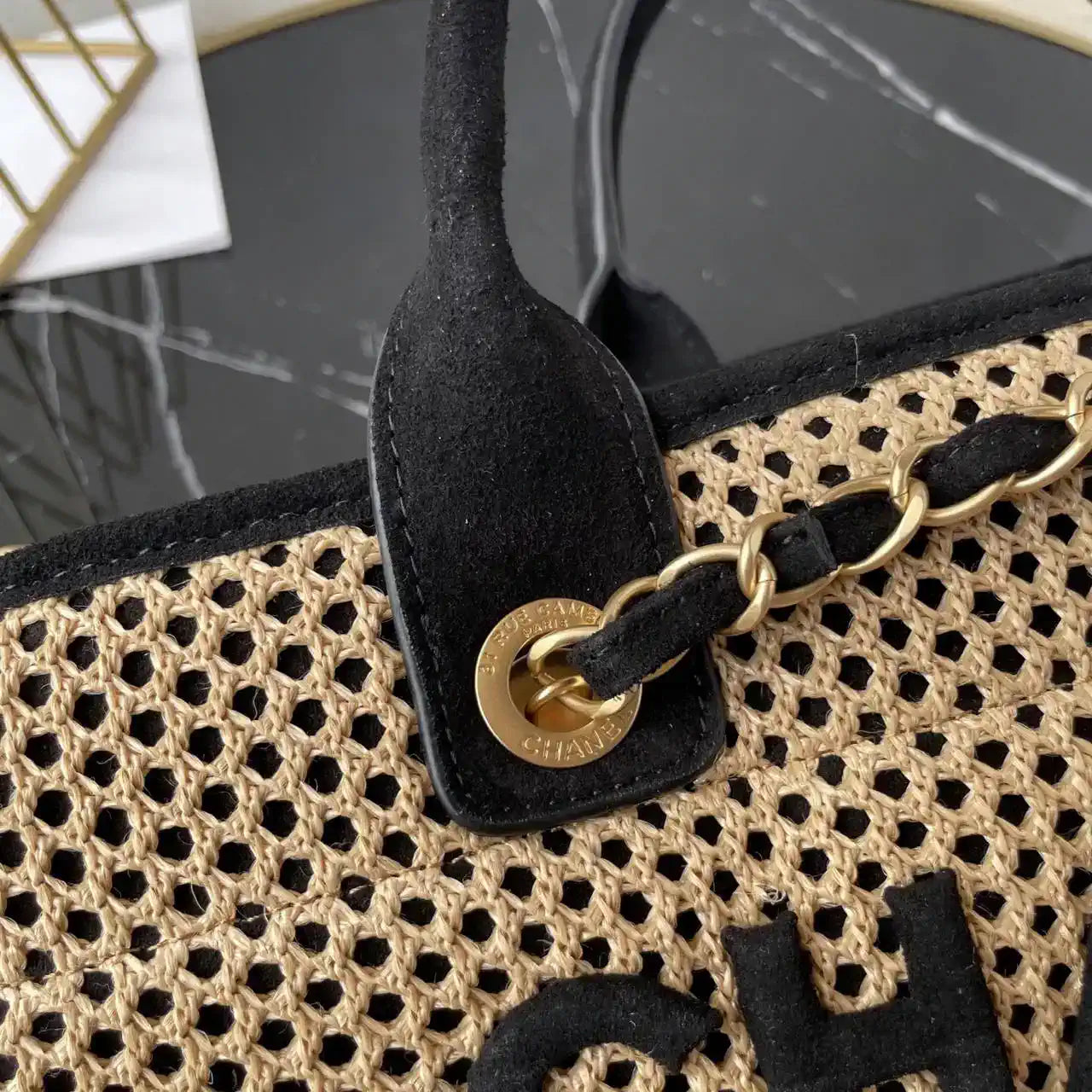 Chanel AS3257 Small Shopping Bag Raffia  Beige & Black