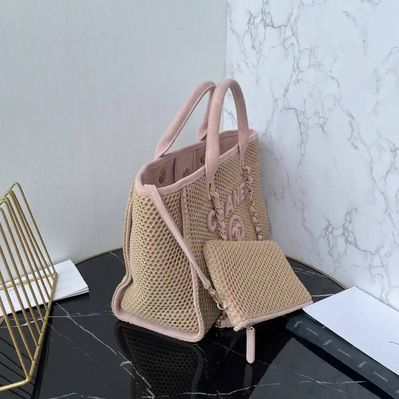 Chanel AS3257 Small Shopping Bag Raffia  Beige & Pink