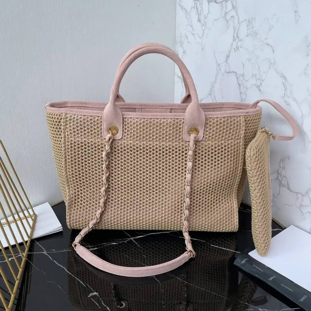 Chanel AS3257 Small Shopping Bag Raffia  Beige & Pink