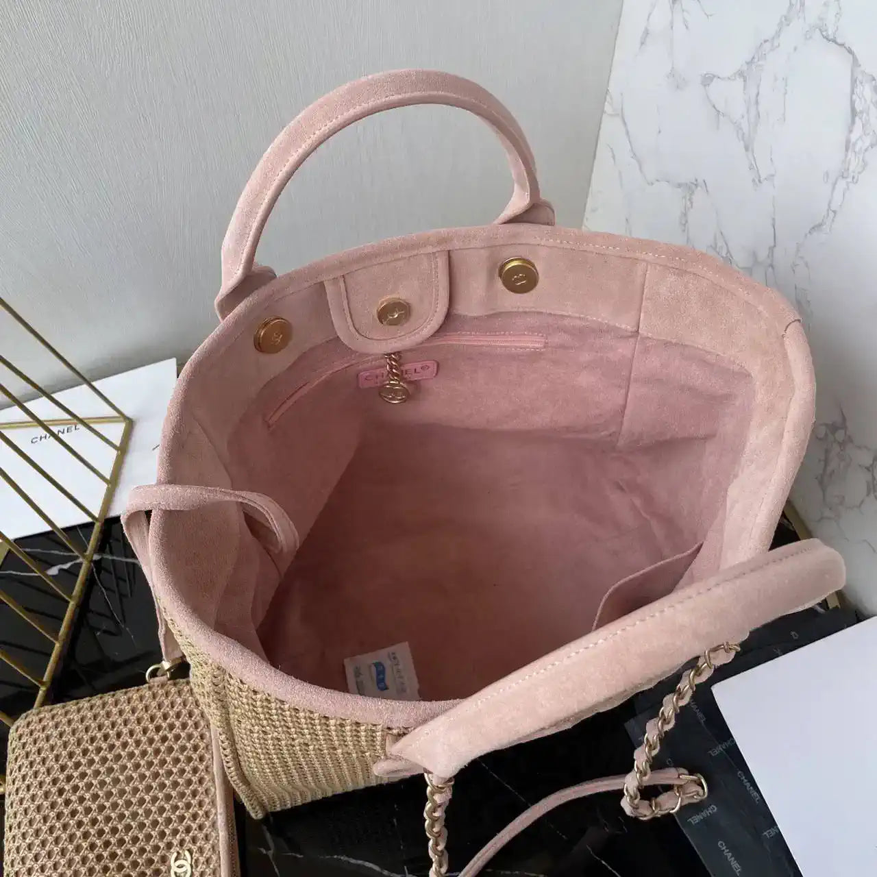 Chanel AS3257 Small Shopping Bag Raffia  Beige & Pink