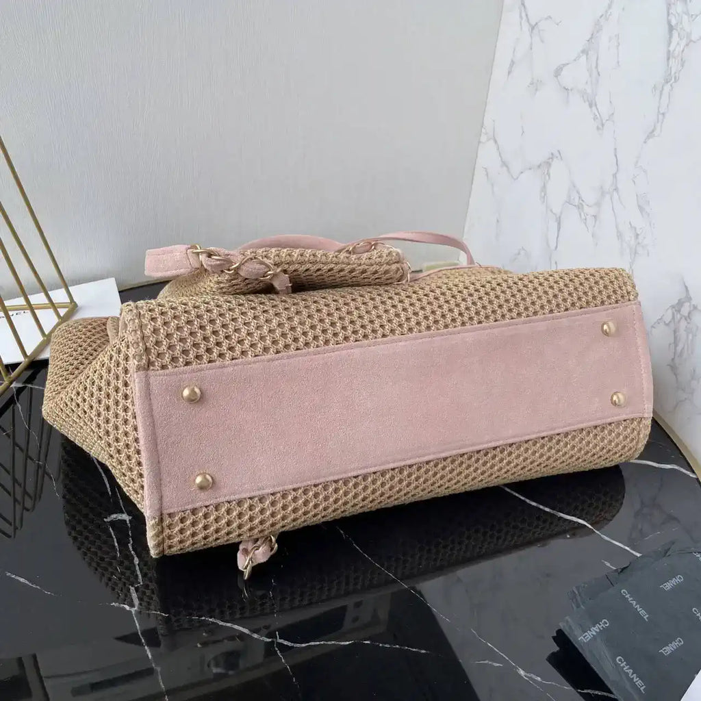Chanel AS3257 Small Shopping Bag Raffia  Beige & Pink