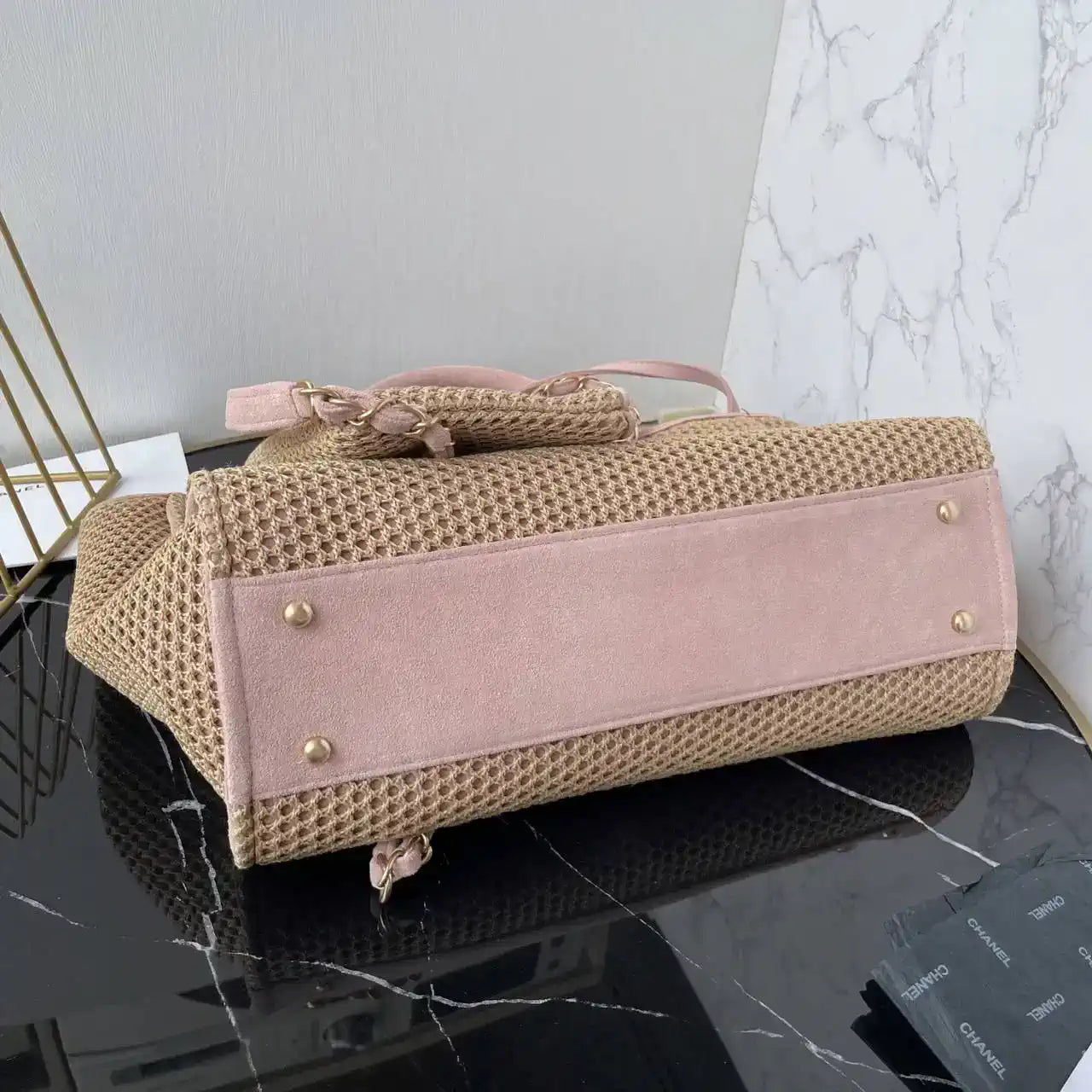 Chanel AS3257 Small Shopping Bag Raffia  Beige & Pink